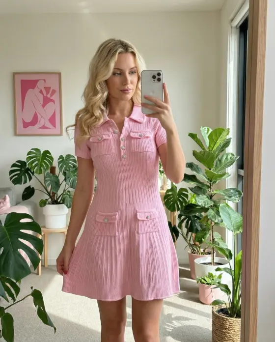 Emma wearing the pink dress