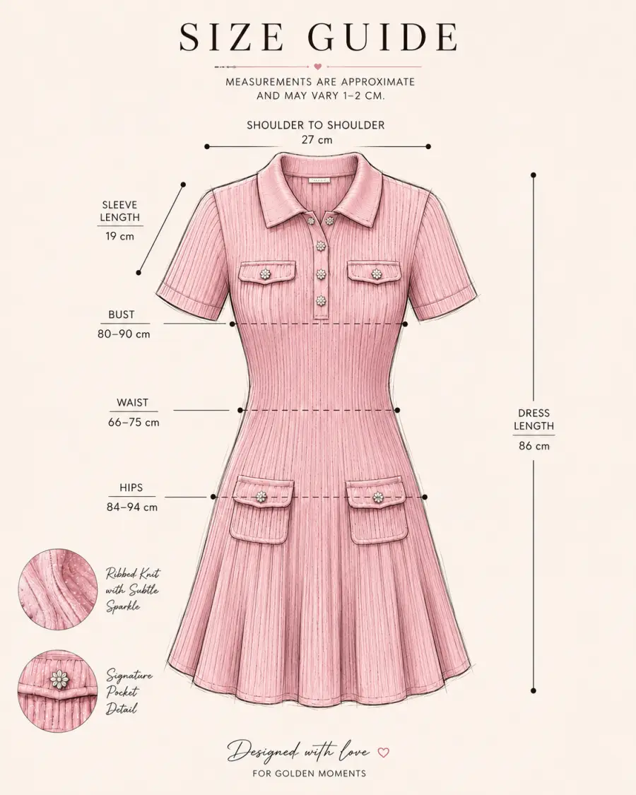 Size guide illustration with bust, waist, hips and length measurements of the pink dress